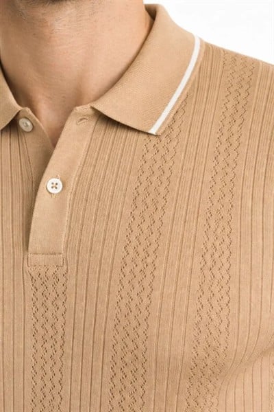 Erkek Düğmeli Yaka Triko Dokuma Tişört Desenli Yazlık Şık Günlük Triko Tişört - Kahverengi