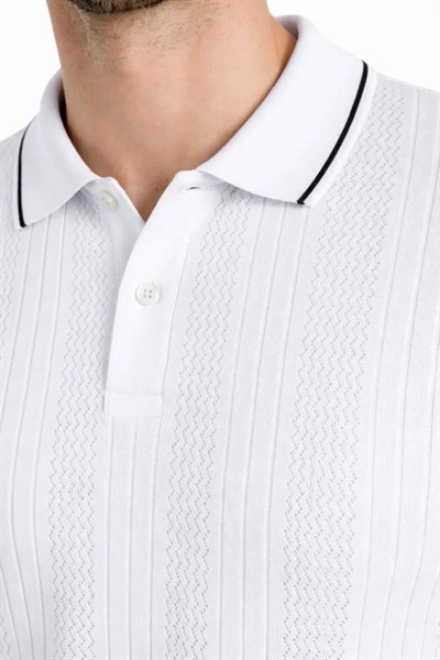 Erkek Düğmeli Yaka Triko Dokuma Tişört Desenli Yazlık Şık Günlük Triko Tişört - Beyaz