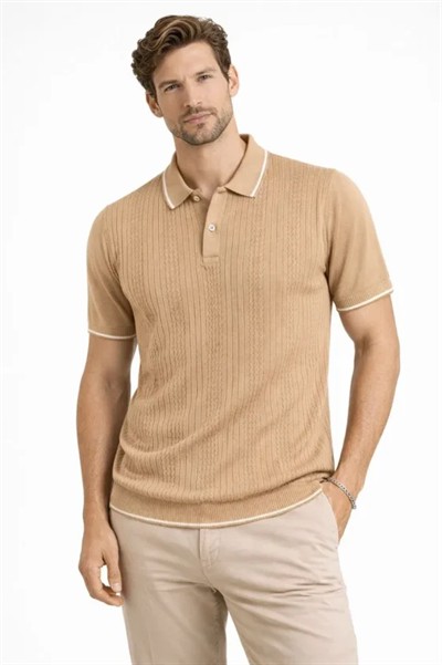 Erkek Düğmeli Yaka Triko Dokuma Tişört Desenli Yazlık Şık Günlük Triko Tişört - Kahverengi