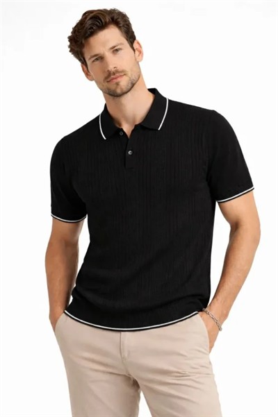 Erkek Düğmeli Yaka Triko Dokuma Tişört Desenli Yazlık  Şık Günlük Triko Tişört - Siyah