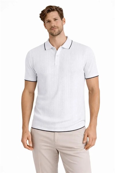 Erkek Düğmeli Yaka Triko Dokuma Tişört Desenli Yazlık Şık Günlük Triko Tişört - Beyaz