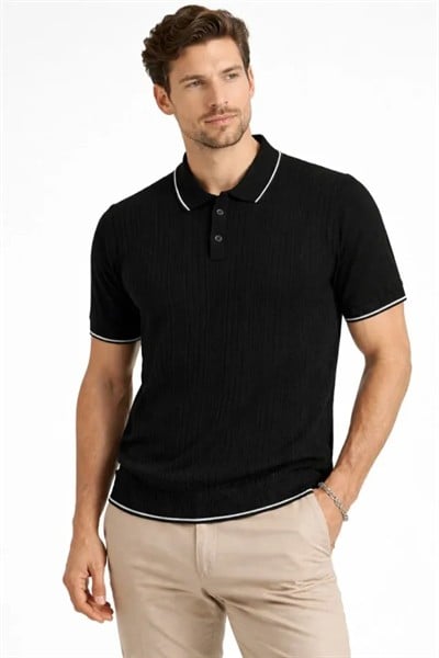 Erkek Düğmeli Yaka Triko Dokuma Tişört Desenli Yazlık  Şık Günlük Triko Tişört - Siyah