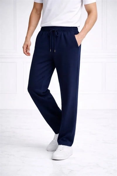 Erkek Düz Paça Beli Lastikli İpli Günlük Spor Eşofman Altı Rahat Fit - Lacivert