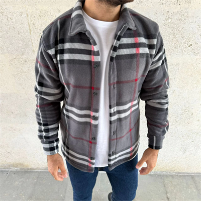 Erkek Ekose Desenli Düğmeli Polar Yakalı Uzun Kollu Gömlek Oversize Rahat Kalıp - Füme