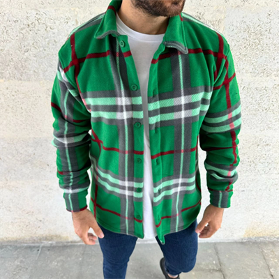 Erkek Ekose Desenli Düğmeli Polar Yakalı Uzun Kollu Gömlek Oversize Rahat Kalıp - Yeşil