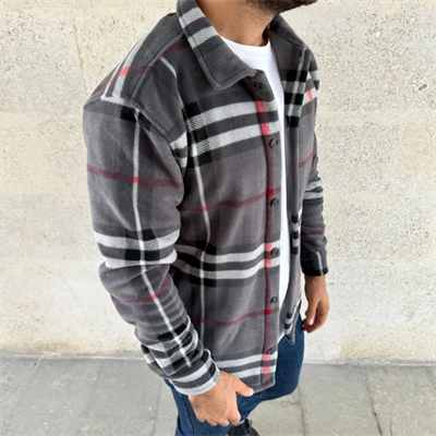 Erkek Ekose Desenli Düğmeli Polar Yakalı Uzun Kollu Gömlek Oversize Rahat Kalıp - Füme