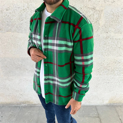 Erkek Ekose Desenli Düğmeli Polar Yakalı Uzun Kollu Gömlek Oversize Rahat Kalıp - Yeşil