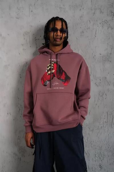 Erkek Eldiven Baskılı Kapüşonlu Sweat - Gül Kurusu