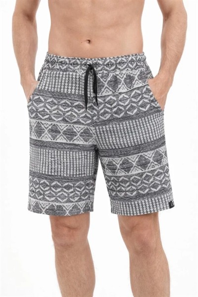 Erkek Etnik Desenli Dokuma Şort Lastikli Bel Bağcıklı Cepli Yazlık - Gri