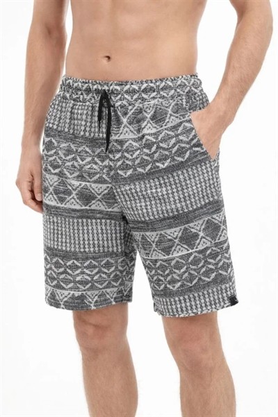 Erkek Etnik Desenli Dokuma Şort Lastikli Bel Bağcıklı Cepli Yazlık - Gri