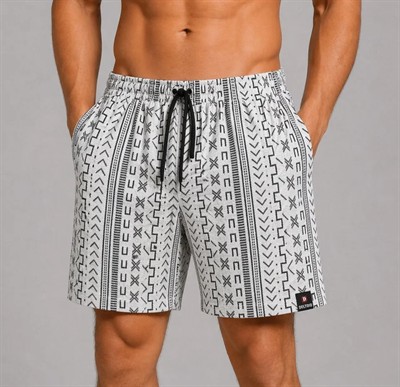 Erkek Etnik Desenli Dokuma Şort Lastikli Bağcıklı Bel Cepli Yazlık Rahat - Gri