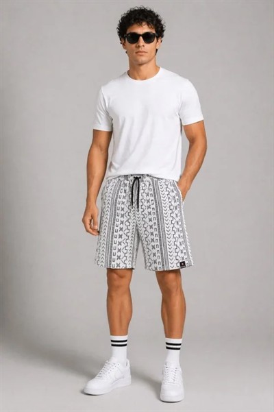 Erkek Etnik Desenli Dokuma Şort Lastikli Bağcıklı Bel Cepli Yazlık Rahat - Gri
