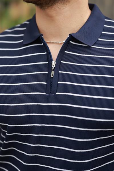 Erkek Fermuar Yakalı çizgili Kısa Kollu T-shirt