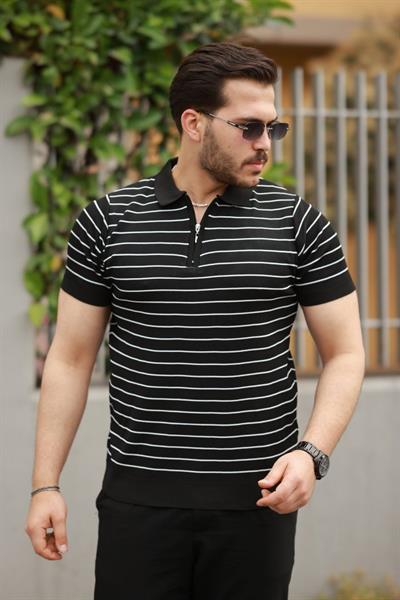 Erkek Fermuar Yakalı çizgili Kısa Kollu T-shirt