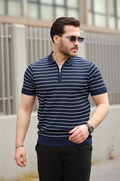 Erkek Fermuar Yakalı çizgili Kısa Kollu T-shirt