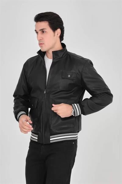 Erkek Fermuarlı İçten Elyaf Ve Astarlı Suni Deri Ceket - Siyah