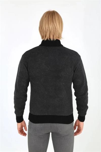 Erkek Fermuarlı Triko Hırka Yüksek Yaka, Cepli, Günlük Şık Rahat Kalıp Triko - Siyah