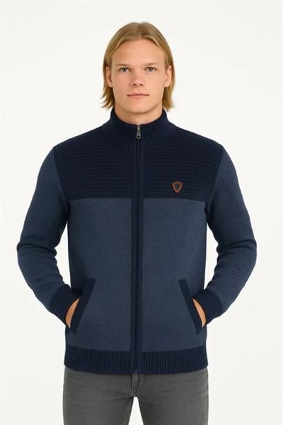 Erkek Fermuarlı Triko Hırka Yüksek Yaka, Cepli, Günlük Şık Rahat Kalıp Triko - Lacivert