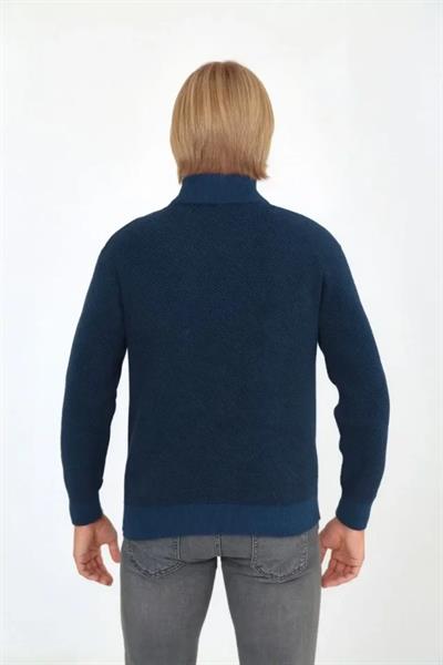 Erkek Fermuarlı Triko Hırka Yüksek Yaka, Cepli, Günlük Şık Rahat Kalıp Triko - Mavi