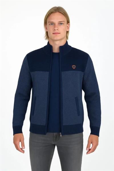 Erkek Fermuarlı Triko Hırka Yüksek Yaka, Cepli, Günlük Şık Rahat Kalıp Triko - Lacivert