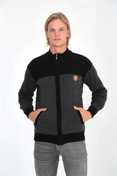 Erkek Fermuarlı Triko Hırka Yüksek Yaka, Cepli, Günlük Şık Rahat Kalıp Triko - Siyah