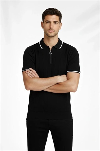 Erkek Fermuarlı Yaka Fitilli Triko Kısa Kollu Regular Fit Tişört T-shirt - Siyah