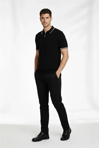 Erkek Fermuarlı Yaka Fitilli Triko Kısa Kollu Regular Fit Tişört T-shirt - Siyah