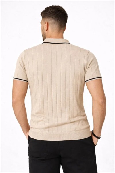 Erkek Fermuarlı Yaka Fitilli Triko Kısa Kollu Regular Fit Tişört T-shirt - Bej