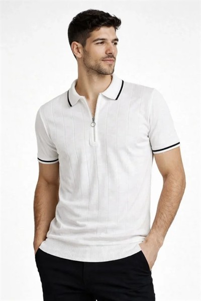 Erkek Fermuarlı Yaka Fitilli Triko Kısa Kollu Regular Fit Tişört T-shirt - Beyaz
