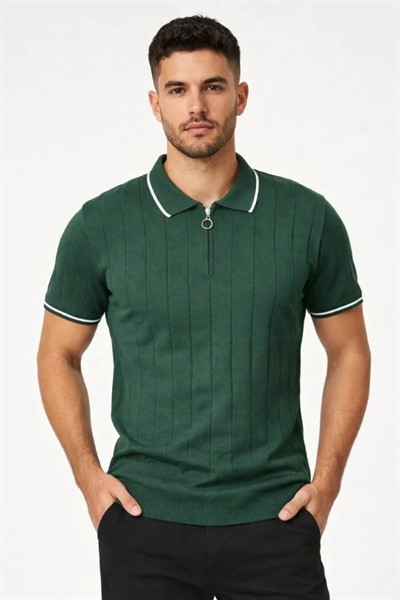Erkek Fermuarlı Yaka Fitilli Triko Kısa Kollu Regular Fit Tişört T-shirt - Yeşil
