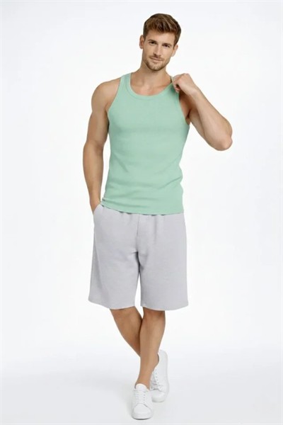 Erkek Fitilli Atlet Sıfır Yaka Slim Fit Arka Baskılı Spor Atlet - Mint Yeşili