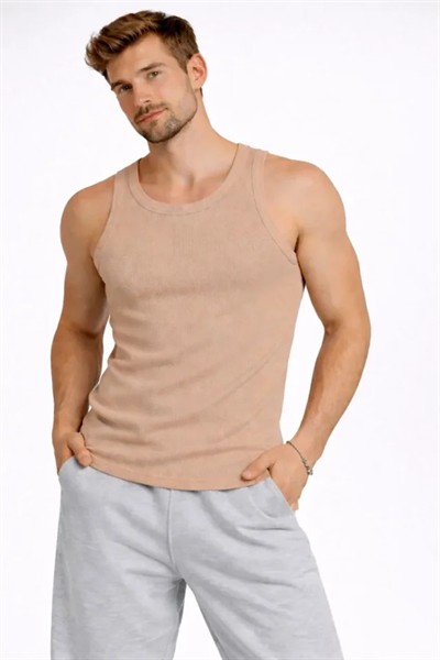 Erkek Fitilli Atlet Sıfır Yaka Slim Fit Arka Baskılı Spor Atlet - Bej