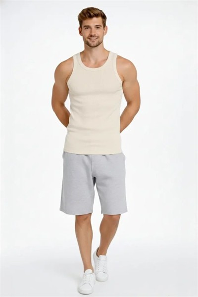 Erkek Fitilli Atlet Sıfır Yaka Slim Fit Arka Baskılı Spor Atlet - Krem