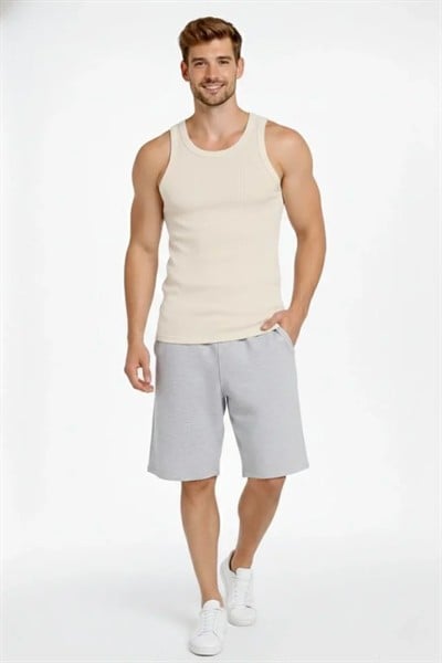 Erkek Fitilli Atlet Sıfır Yaka Slim Fit Arka Baskılı Spor Atlet - Krem