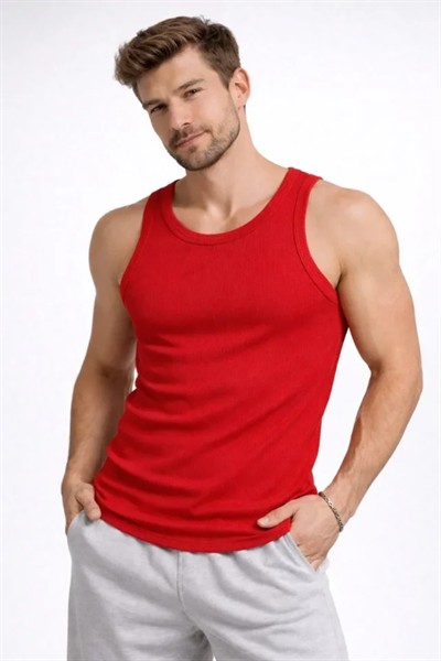 Erkek Fitilli Atlet Sıfır Yaka Slim Fit Arka Baskılı Spor Atlet - Kırmızı