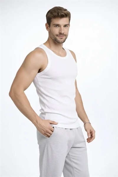 Erkek Fitilli Atlet Sıfır Yaka Slim Fit Arka Baskılı Spor Atlet - Beyaz