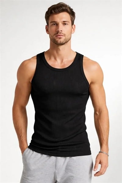 Erkek Fitilli Atlet Sıfır Yaka Slim Fit Arka Baskılı Spor Atlet - Siyah