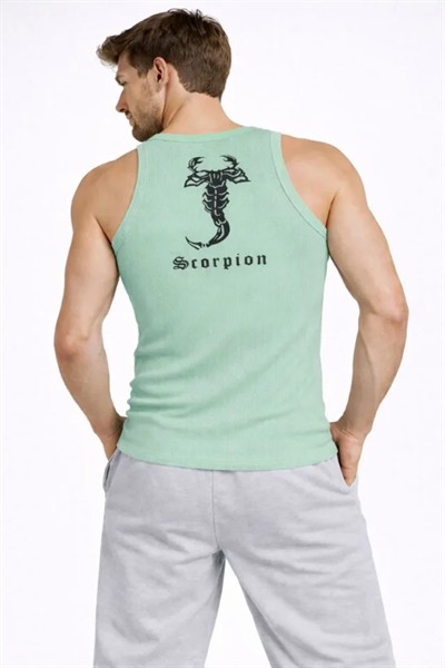 Erkek Fitilli Atlet Sıfır Yaka Slim Fit Arka Baskılı Spor Atlet - Mint Yeşili