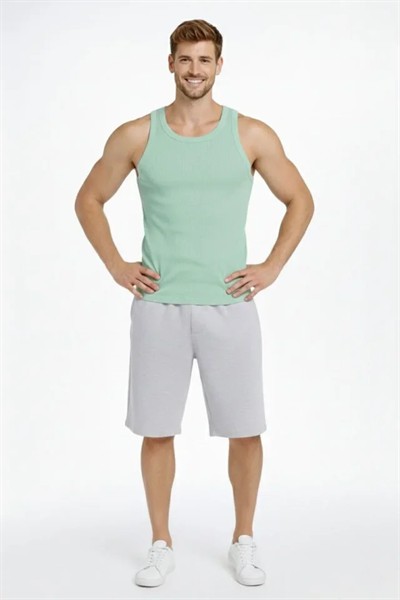 Erkek Fitilli Atlet Sıfır Yaka Slim Fit Arka Baskılı Spor Atlet - Mint Yeşili