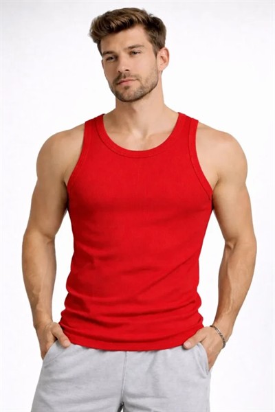 Erkek Fitilli Atlet Sıfır Yaka Slim Fit Arka Baskılı Spor Atlet - Kırmızı