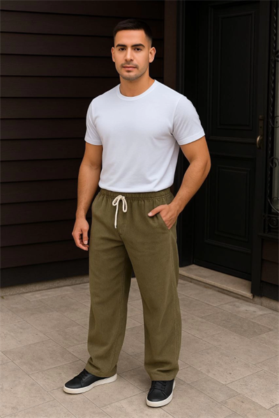 Erkek Fitilli Kadife Cepli Buggy Pantolon Oversize Rahat Kalıp - Haki