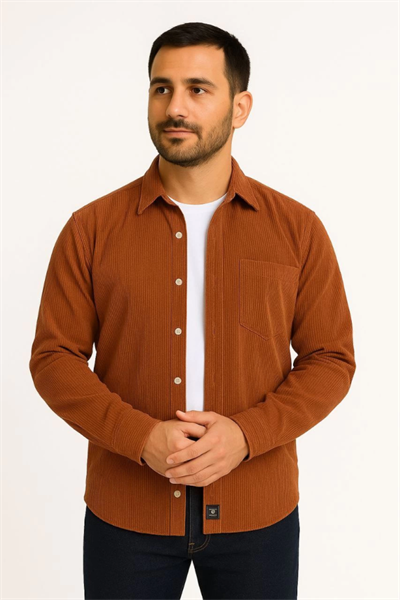 Erkek Fitilli Kadife Cepli Gömlek Oversize Rahat Kalıp - Kahverengi