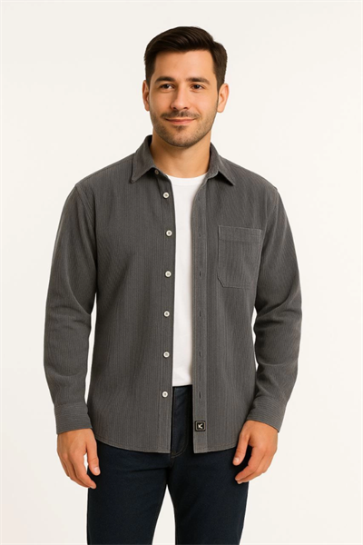 Erkek Fitilli Kadife Cepli Gömlek Oversize Rahat Kalıp - Füme