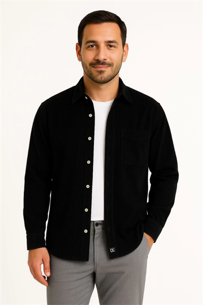 Erkek Fitilli Kadife Cepli Gömlek Oversize Rahat Kalıp - Siyah