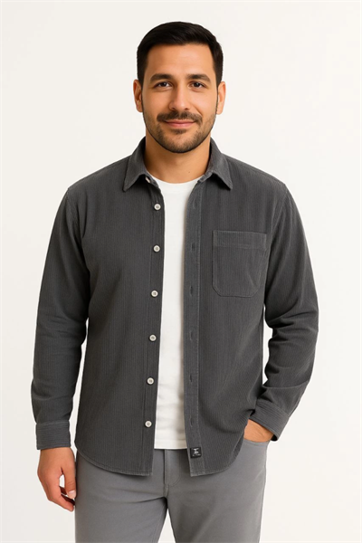 Erkek Fitilli Kadife Cepli Gömlek Oversize Rahat Kalıp - Füme