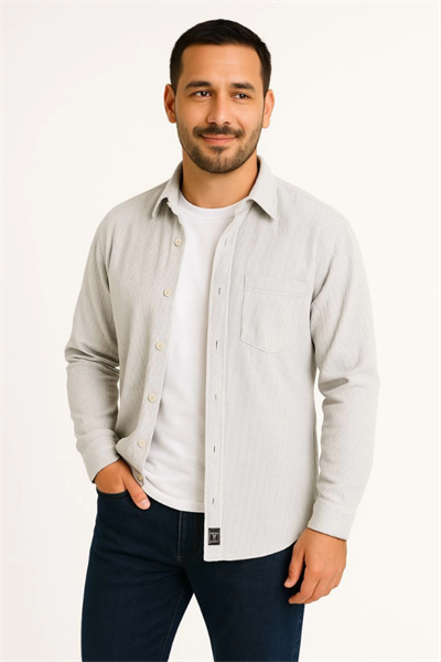 Erkek Fitilli Kadife Cepli Gömlek Oversize Rahat Kalıp - Gri