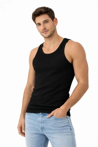 Erkek Fitilli Likralı Kaşkorse Atlet Vücuda Oturan Basic Şıklık - Siyah