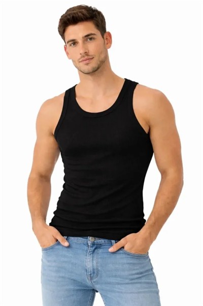 Erkek Fitilli Likralı Kaşkorse Atlet Vücuda Oturan Basic Şıklık - Siyah