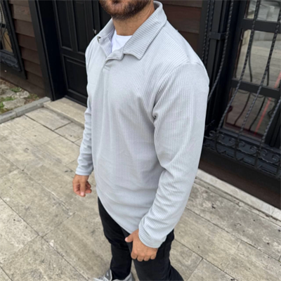 Erkek Fitilli Polar Sweatshirt – Düğmesiz Polo Yaka, Oversize Rahat Kalıp, Kalın Polar Kumaş, Kışlık Ve Baharlık Şık Günlük Üst - Gri