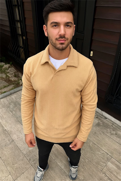 Erkek Fitilli Polar Sweatshirt – Düğmesiz Polo Yaka, Oversize Rahat Kalıp, Kalın Polar Kumaş, Kışlık Ve Baharlık Şık Günlük Üst - Bej